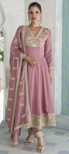 Pink and Majenta color Salwar Kameez in Silk fabric with Embroidered, Thread work