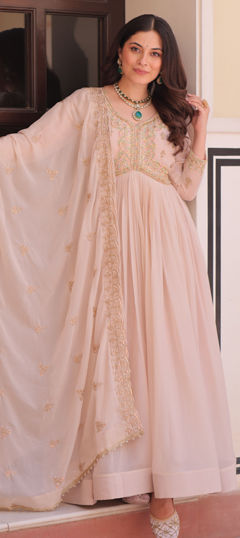 White and Off White color Gown in Georgette fabric with Embroidered, Sequence work