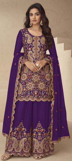 Purple and Violet color Salwar Kameez in Chinon Silk fabric with Embroidered, Sequence, Thread work