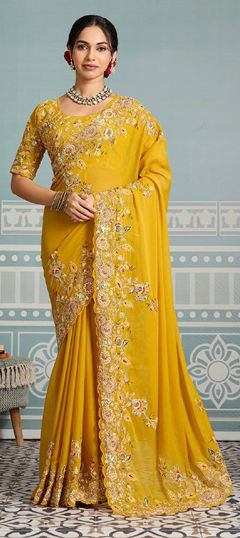 Yellow color Saree in Georgette fabric with Border, Embroidered work