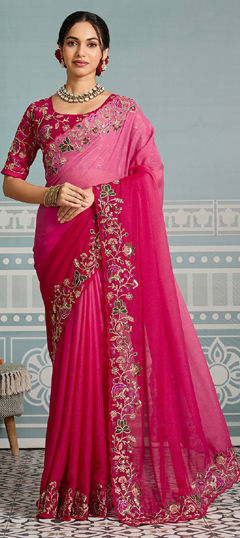Pink and Majenta color Saree in Georgette fabric with Border, Embroidered work