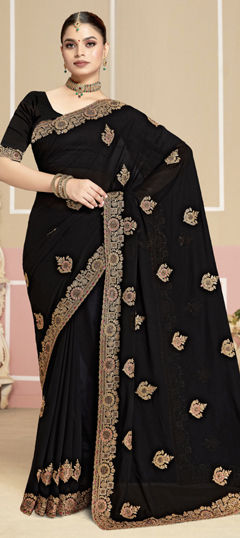 Black and Grey color Saree in Georgette fabric with Embroidered, Thread, Zircon work