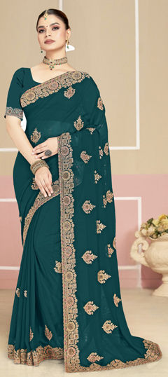 Blue color Saree in Georgette fabric with Embroidered, Thread, Zircon work