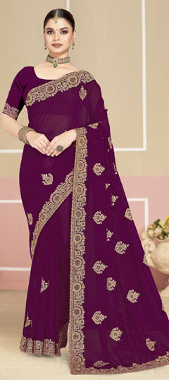 Purple and Violet color Saree in Georgette fabric with Embroidered, Thread, Zircon work