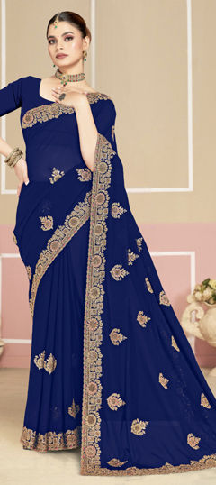 Blue color Saree in Georgette fabric with Embroidered, Thread, Zircon work