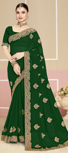 Green color Saree in Georgette fabric with Embroidered, Thread, Zircon work