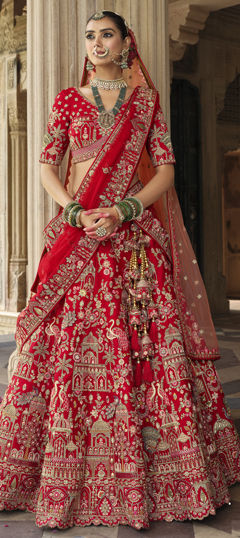 Red and Maroon color Lehenga in Silk fabric with Bugle Beads, Embroidered, Resham, Sequence, Thread, Zari work
