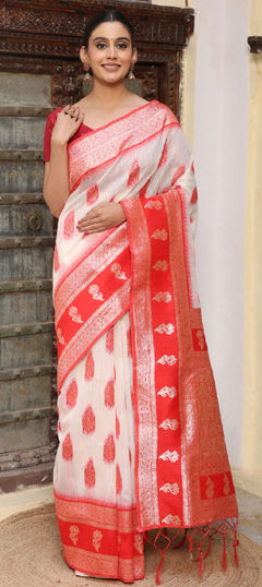 White and Off White color Saree in Cotton, Linen fabric with Weaving work