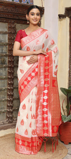White and Off White color Saree in Cotton, Linen fabric with Weaving work