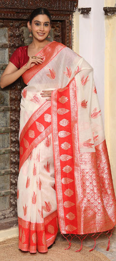White and Off White color Saree in Cotton, Linen fabric with Weaving work