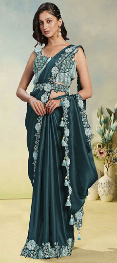 Green color Readymade Saree in Satin Silk fabric with Embroidered, Moti, Sequence, Stone, Thread work