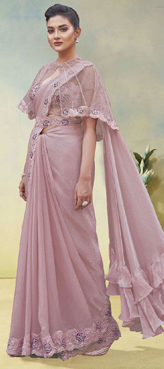 Pink and Majenta color Readymade Saree in Satin Silk fabric with Embroidered, Moti, Sequence, Stone, Thread work