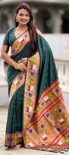 Green color Saree in Silk fabric with Weaving work