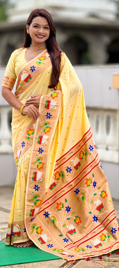 Beige and Brown color Saree in Silk fabric with Weaving work