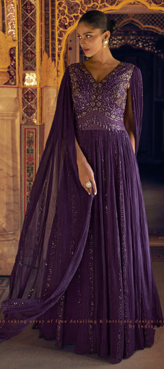 Purple and Violet color Gown in Georgette fabric with Cut Dana, Embroidered, Sequence, Thread work
