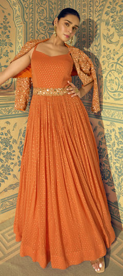 Orange color Gown in Georgette fabric with Cut Dana, Embroidered, Sequence, Thread work