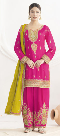 Pink and Majenta color Salwar Kameez in Chinon Silk fabric with Embroidered, Sequence work