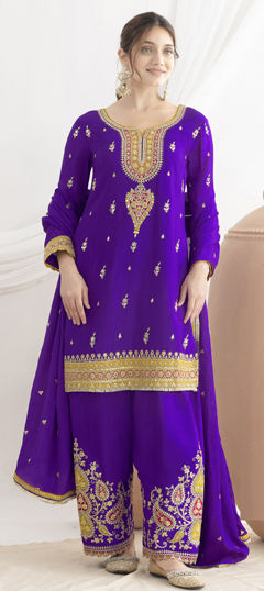 Purple and Violet color Salwar Kameez in Chinon Silk fabric with Embroidered, Sequence work
