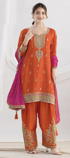 Beige and Brown color Salwar Kameez in Chinon Silk fabric with Embroidered, Sequence work