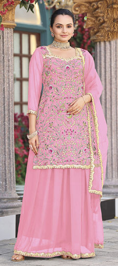 Pink and Majenta color Salwar Kameez in Georgette fabric with Embroidered work