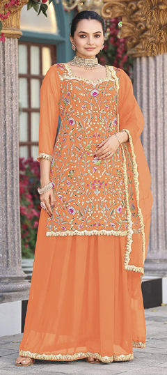 Orange color Salwar Kameez in Georgette fabric with Embroidered work