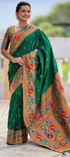 Green color Saree in Silk fabric with Weaving work