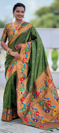 Green color Saree in Silk fabric with Weaving work