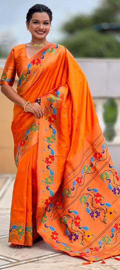Orange color Saree in Silk fabric with Weaving work