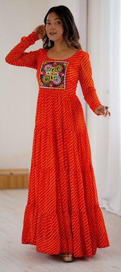Orange color Gown in Georgette fabric with Bandhej, Embroidered, Mirror, Patch, Printed work