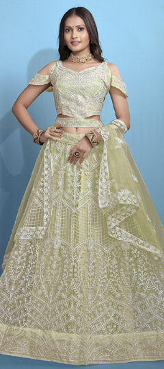 Green color Lehenga in Net fabric with Embroidered, Thread work