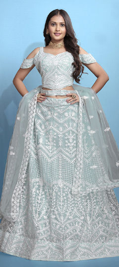 Blue color Lehenga in Net fabric with Embroidered, Thread work