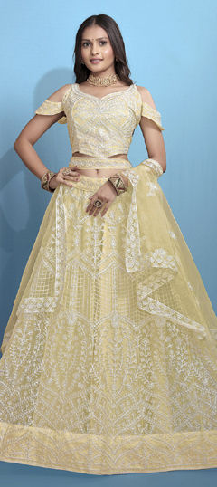 Yellow color Lehenga in Net fabric with Embroidered, Thread work