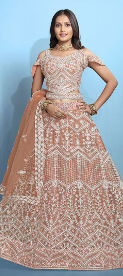 Pink and Majenta color Lehenga in Net fabric with Embroidered, Thread work