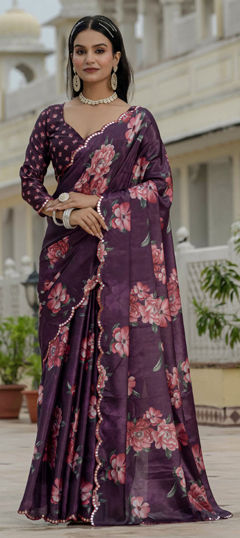Purple and Violet color Readymade Saree in Chinon Silk fabric with Border, Digital Print, Mirror work