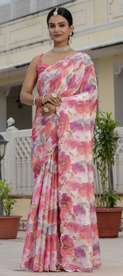 Multicolor color Readymade Saree in Chinon Silk fabric with Border, Digital Print, Mirror work