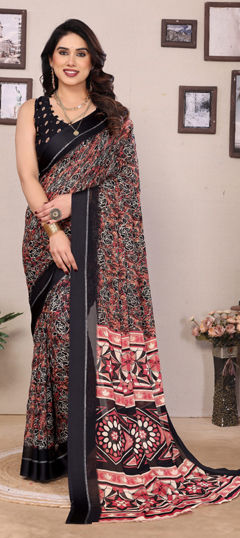 Black and Grey color Saree in Satin Silk fabric with Printed, Zari work