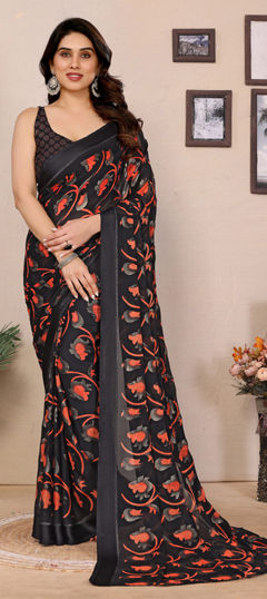 Black and Grey, Red and Maroon color Saree in Satin Silk fabric with Printed, Zari work