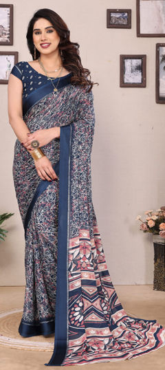 Black and Grey color Saree in Satin Silk fabric with Printed, Zari work