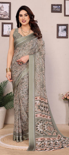 Blue color Saree in Satin Silk fabric with Printed, Zari work