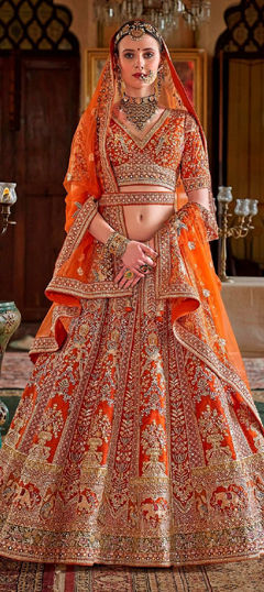 Beige and Brown color Lehenga in Silk fabric with Embroidered, Moti, Sequence, Thread work