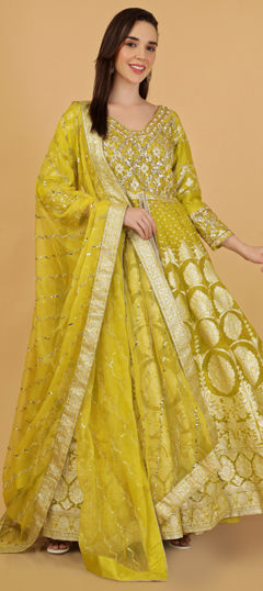 Green color Long Lehenga Choli in Organza Silk fabric with Bugle Beads, Embroidered, Sequence work