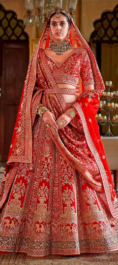 Red and Maroon color Lehenga in Silk fabric with Embroidered, Moti, Sequence, Thread work