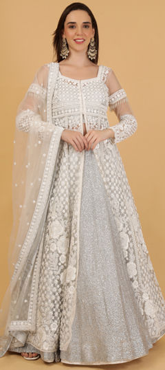 Silver color Long Lehenga Choli in Georgette fabric with Bugle Beads, Stone work