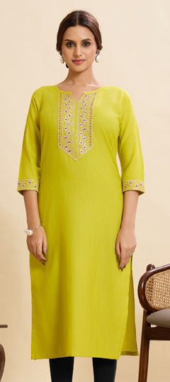 Yellow color Kurti in Cotton fabric with Embroidered, Sequence work
