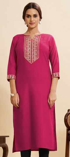 Pink and Majenta color Kurti in Cotton fabric with Embroidered, Sequence work