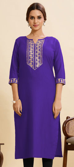 Purple and Violet color Kurti in Cotton fabric with Embroidered, Sequence work