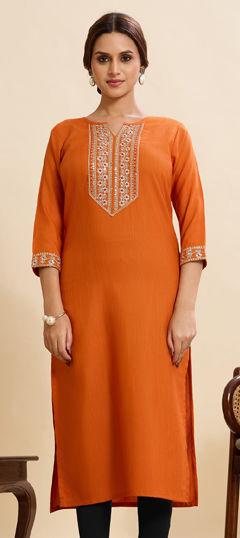 Orange color Kurti in Cotton fabric with Embroidered, Sequence work