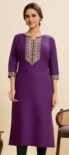 Purple and Violet color Kurti in Cotton fabric with Embroidered, Sequence work