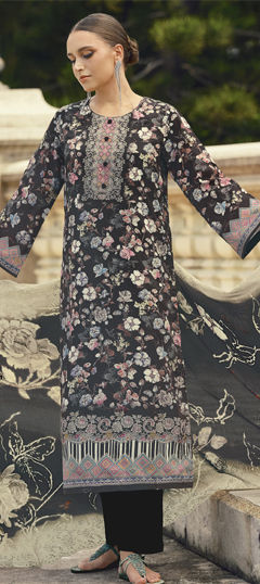 Black and Grey color Salwar Kameez in Cotton, Lawn fabric with Digital Print, Floral, Resham, Thread work