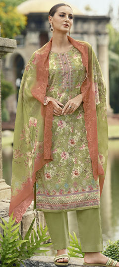 Green color Salwar Kameez in Cotton, Lawn fabric with Digital Print, Floral, Resham, Thread work